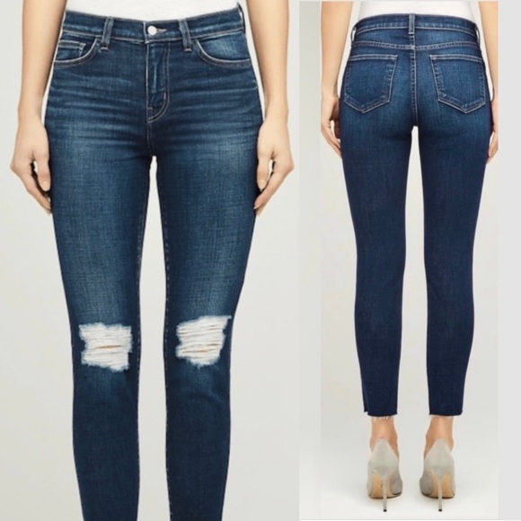 NWT L’AGENCE Distressed Ripped Knee Denim Ankle Crop Raw Hem French Slim Jean 25 - Picture 2 of 5
